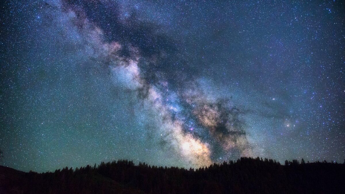 Ciel nocturne étoilé avec la Voie lactée traversant le ciel au-dessus d'une silhouette de forêt de conifères, et une trace de météore en haut à droite.