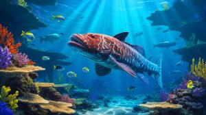 Illustration of a coelacanth swimming in the deep waters of the Indonesian archipelago, captured by French divers.