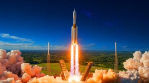 Illustration of the European Vega-C rocket launching from the Kourou Space Center in French Guiana.