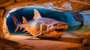 Illustration of ancient giant sharks emerging from caves, generated by artificial intelligence.