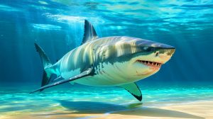 Illustration of Contender, a massive white shark, swimming near popular East Coast beaches, generated by artificial intelligence.