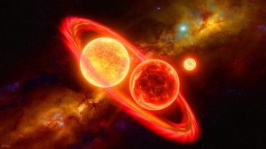 Illustration of the Apep star system's cosmic dance with two dying stars and a third stable star, generated by artificial intelligence.