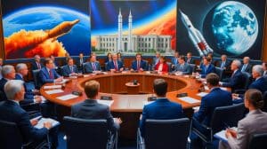 Illustration of the budgetary battle over NASA's funding, generated by artificial intelligence.