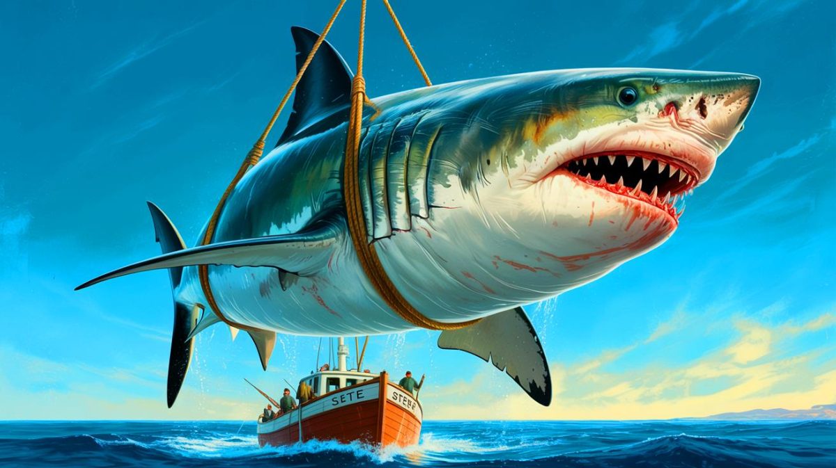 “Nature’s Grim Secrets”: This 16-Foot Great White Shark Caught Off Sète Harbored Two Dolphins and a 1956 Mystery Illustration of a colossal great white shark captured off the coast of Sète in 1956, generated by artificial intelligence.