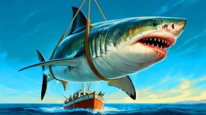 Illustration of a colossal great white shark captured off the coast of Sète in 1956, generated by artificial intelligence.