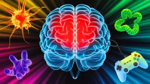 Illustration of a brain reacting to stimuli from playing video games.