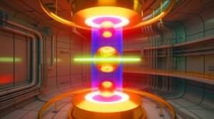 Illustration of nuclear fusion reaction converting mercury into gold within an experimental reactor.