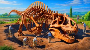 Illustration of a giant Camarasaurus fossil discovery in Charente, France, highlighting its significance in paleontological research, created by artificial intelligence.