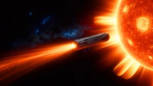 Illustration of the interstellar object 3I/ATLAS approaching the Sun with a glowing trail.