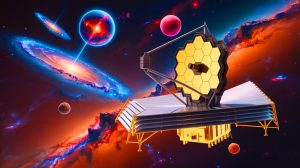 Illustration of the James Webb Space Telescope capturing distant galaxies, generated by artificial intelligence.