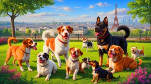 Illustration of a selection of popular dog breeds in France, showcasing their diverse characteristics and urban adaptability, generated by artificial intelligence.