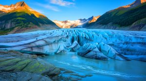 Illustration of the Morteratsch Glacier's melting process as captured in an artistic sound project, generated by artificial intelligence.