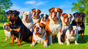Illustration of a group of short-lived dog breeds, generated by artificial intelligence.