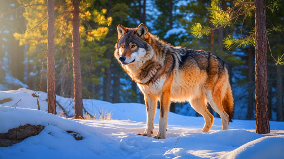 Illustration of the famous wolf 907F photographed moving through the snowy forests of Yellowstone.