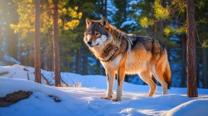 Illustration of the famous wolf 907F photographed moving through the snowy forests of Yellowstone.