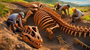 Illustration of the discovery of a 140-million-year-old Camarasaurus fossil in Angeac-sur-Charente, generated by artificial intelligence.