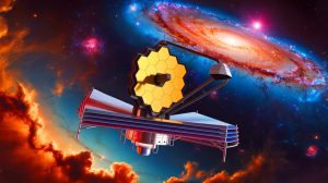 Illustration of the James Webb Space Telescope observing dark matter in the Bullet Cluster, generated by artificial intelligence.