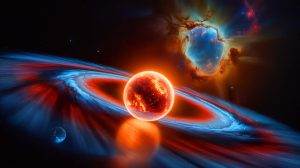 Illustration of the formation of a new planetary system around the star HOPS-315, generated by artificial intelligence.
