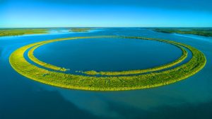 Illustration of the perfectly circular floating island El Ojo in Argentina's Paraná River delta, created by artificial intelligence.