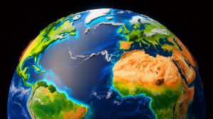 Illustration of the potential future formation of a supercontinent known as Pangea Proxima, generated by artificial intelligence.