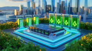 Illustration of repurposed EV batteries being transformed into energy storage systems.