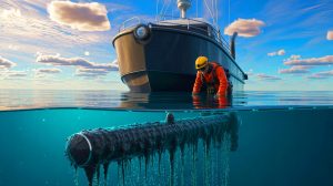 Illustration of a mysterious black substance on a ship's rudder, housing a new life form, generated by artificial intelligence.