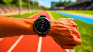 Illustration of the Garmin Forerunner 255 smartwatch tracking athletic performance and managing stress, generated by artificial intelligence.