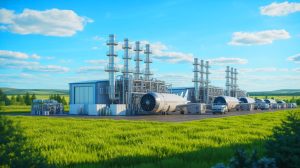 Illustration of LanzaJet's facility producing sustainable aviation fuel from ethanol, generated by artificial intelligence.