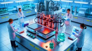 Illustration of a groundbreaking method for synthesizing lithium-ion battery cathodes, created by artificial intelligence.