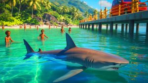 Illustration of a shark swimming near a coastal area, highlighting the risks associated with local environmental practices; this is an artificial illustration generated by AI.