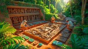 Illustration of the tomb of Caracol's first ruler, Te K’ab Chaak, with intricate artifacts, generated by artificial intelligence.