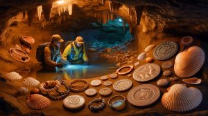 Illustration of the discovery of Tlacotepehua artifacts in the Tlayócoc cave in Guerrero, Mexico.