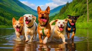 Illustration of energetic dog breeds engaging in various outdoor activities, generated by artificial intelligence.