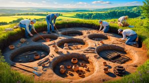 Illustration of a Neolithic ritual site with burned structures and ceremonial artifacts.