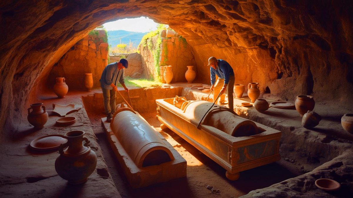Illustration of archaeologists uncovering a 2,600-year-old Etruscan tomb in Italy.