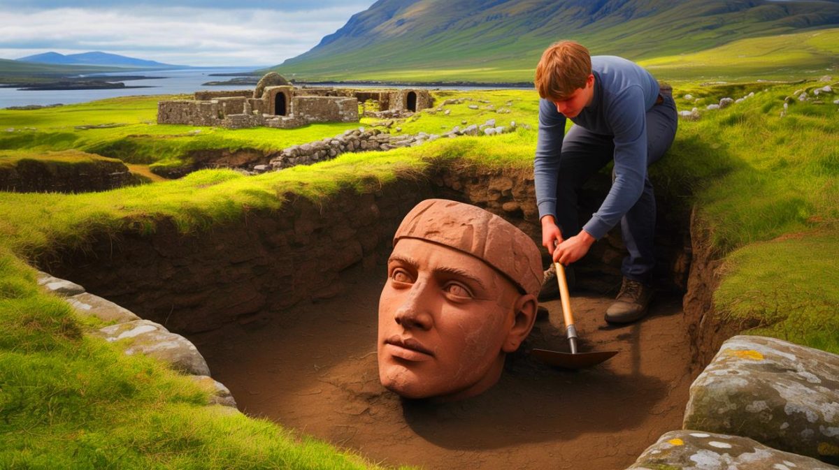 Archaeologists Uncover Viking Head: “This Changes Everything About Our History,” Declares Leading Expert Illustration of a 900-year-old stone head discovered on a Scottish island.