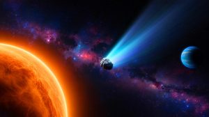 Illustration of the interstellar comet 3I/ATLAS journeying through our solar system.
