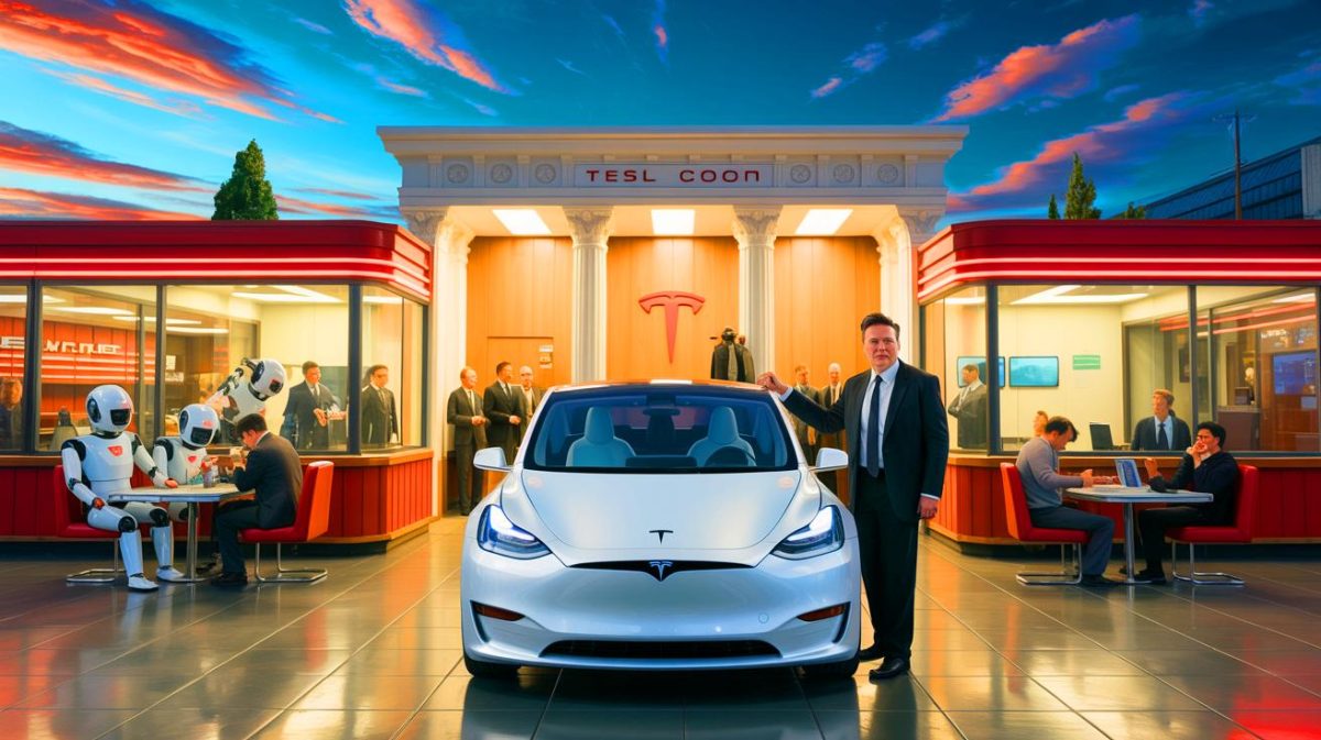 Elon Musk’s Chaotic Restaurant Disaster Shocks America: ‘This Is The Biggest Financial Debacle Of The Decade’ Illustration of Elon Musk Facing Multiple Challenges Including Tesla's Legal Verdict and Failed Diner Concept.