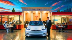 Illustration of Elon Musk Facing Multiple Challenges Including Tesla's Legal Verdict and Failed Diner Concept.