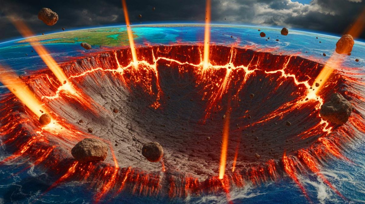 Illustration of a colossal asteroid impact on early Earth creating a massive crater and boiling oceans.