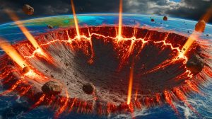 Illustration of a colossal asteroid impact on early Earth creating a massive crater and boiling oceans.