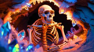 Illustration of a Neanderthal skeleton encased in calcite crystals in the Lamalunga cave.