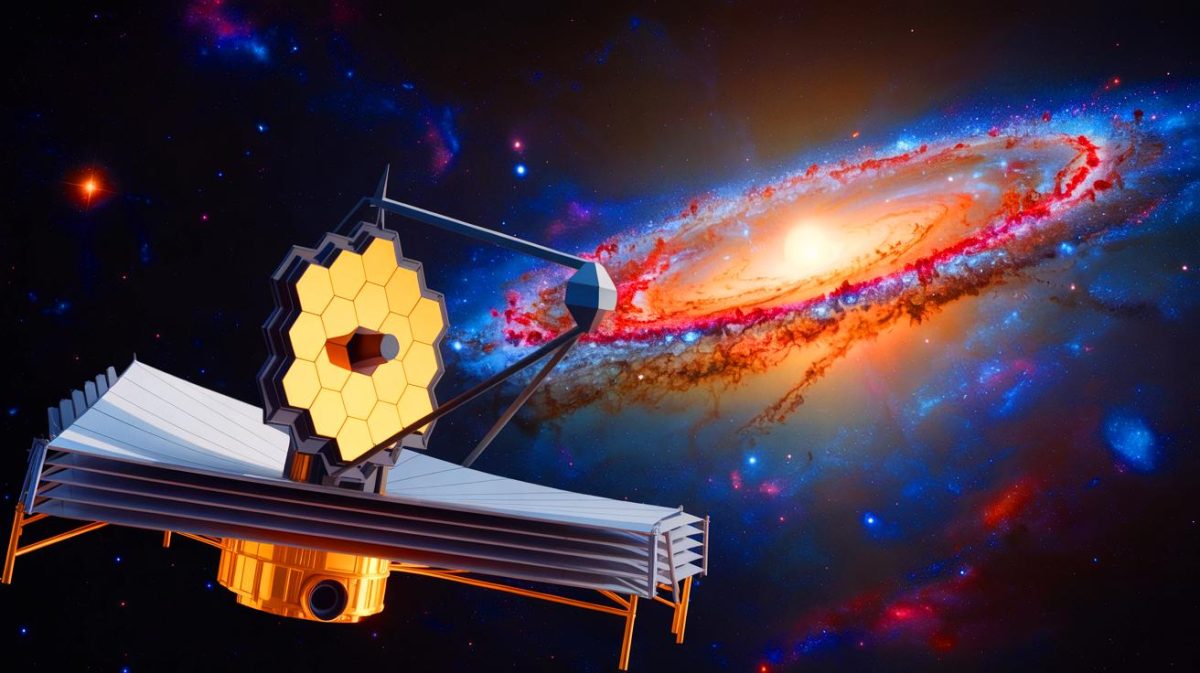 Illustration of the James Webb Space Telescope observing the distant galaxy JWST-ER1.