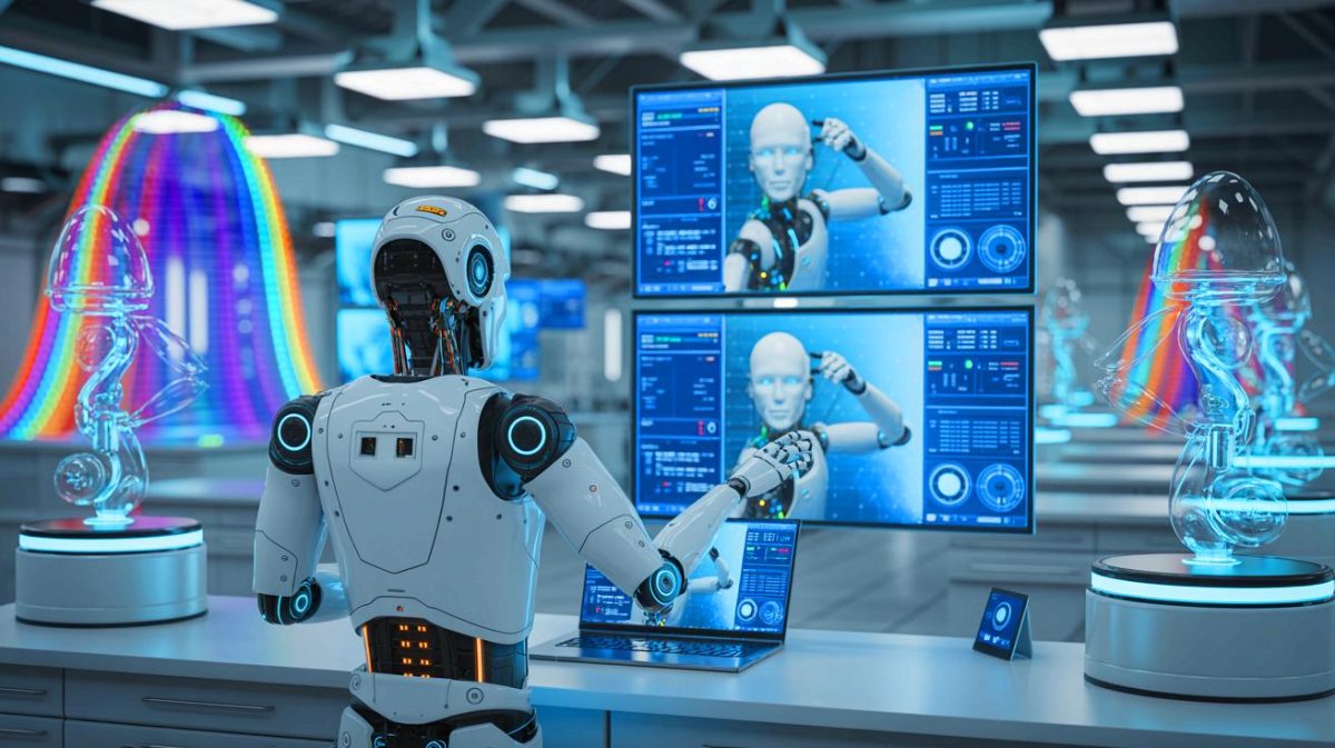 Illustration of a robot learning self-control through AI observation.