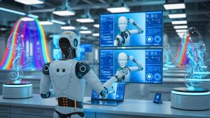 Illustration of a robot learning self-control through AI observation.