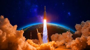 Illustration of the environmental impact of satellite launches on the Earth's atmosphere.
