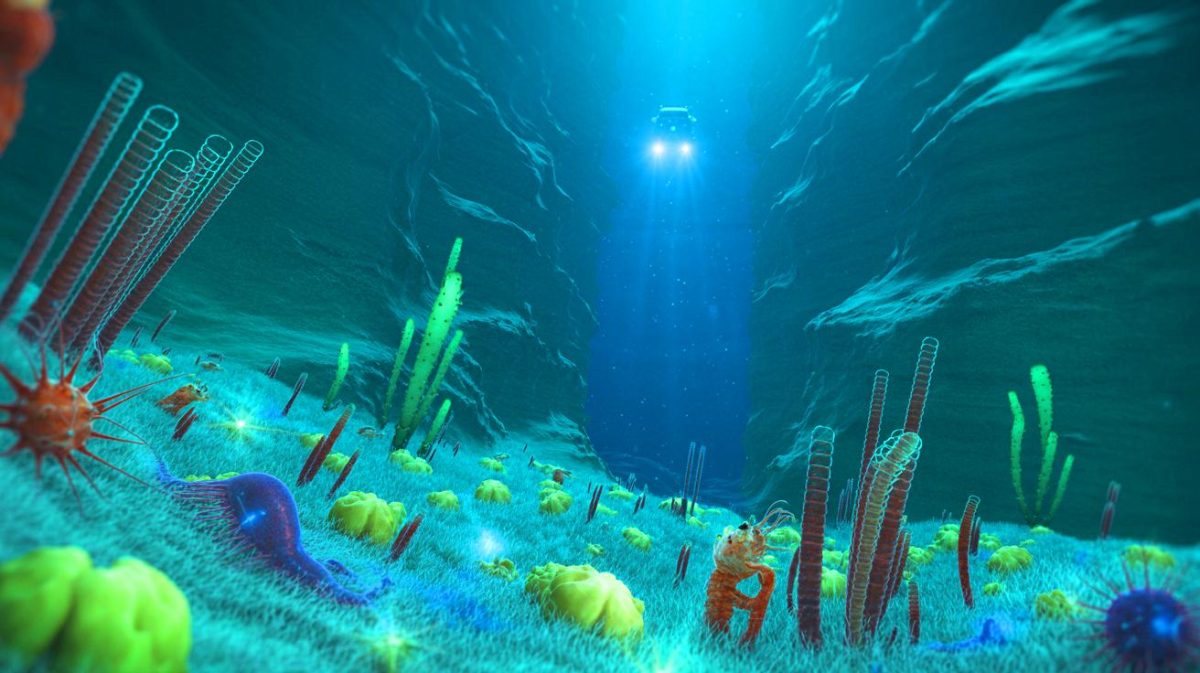 Scientists Plunge 33,000 Feet to Find “Astonishing Alien World” That Could Shatter Everything We Know About Marine Life Illustration of a thriving deep-sea ecosystem discovered in the Kuril-Kamchatka Trench.