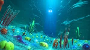 Illustration of a thriving deep-sea ecosystem discovered in the Kuril-Kamchatka Trench.