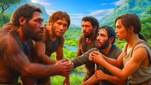 Illustration of Neanderthals and Homo sapiens coexisting during a transitional period in human history.