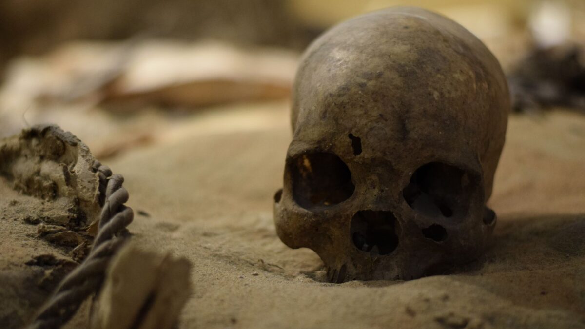 Gros plan sur un crâne humain ancien posé sur un sol sableux, avec un fragment de corde effiloché et un morceau de matériau clair à gauche, arrière-plan flou.